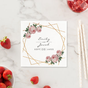 Elegant Gold Glitter Geometric Pink Floral Wedding Servet