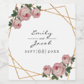 Elegant Gold Glitter Geometric Pink Floral Wedding Wijn Etiket (Enkel label)