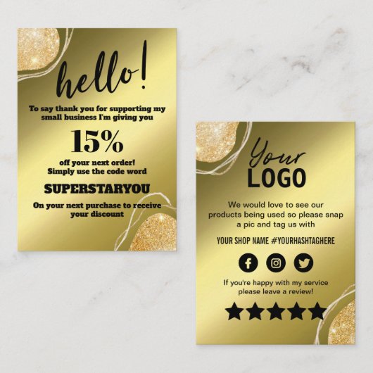 Elegant Gold Glitter Hartelijk dank. Plaats kaart Visitekaartje (Voorkant / Achterkant)