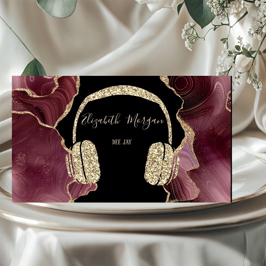 Elegant Gold Glitter Headphone DJ Burgundy Agate Visitekaartje