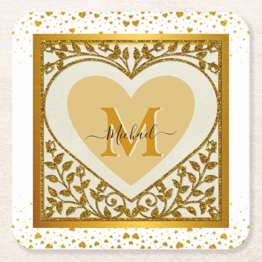 Elegant Gold Glitter Heart Initiaal & Naam Kartonnen Onderzetters (Voorkant)