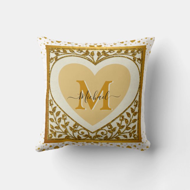 Elegant Gold Glitter Heart Initiaal & Naam Kussen (Achterkant)