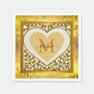 Elegant Gold Glitter Heart Initiaal & Naam Servet