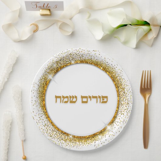 Elegant Gold Glitter Hebrew Happy Purim Papieren Bordje (Huwelijk)