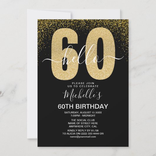Elegant Gold Glitter "Hello 60" Birthday  Kaart (Voorkant)