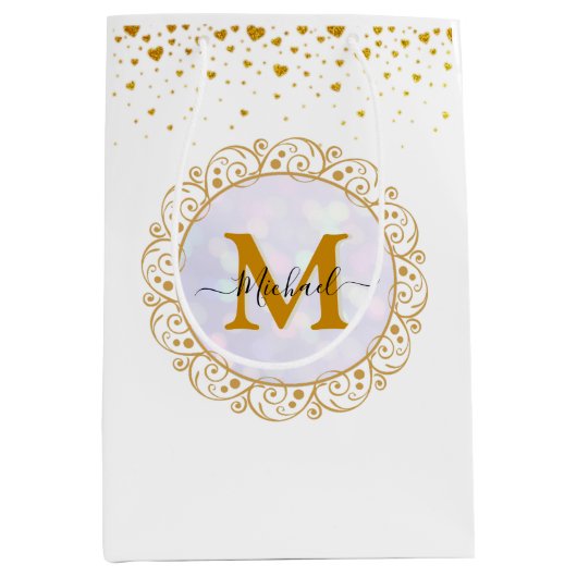 Elegant Gold Glitter Initial & Name Medium Cadeauzakje (Voorkant)