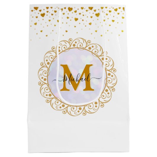 Elegant Gold Glitter Initial & Name Medium Cadeauzakje (Achterkant)