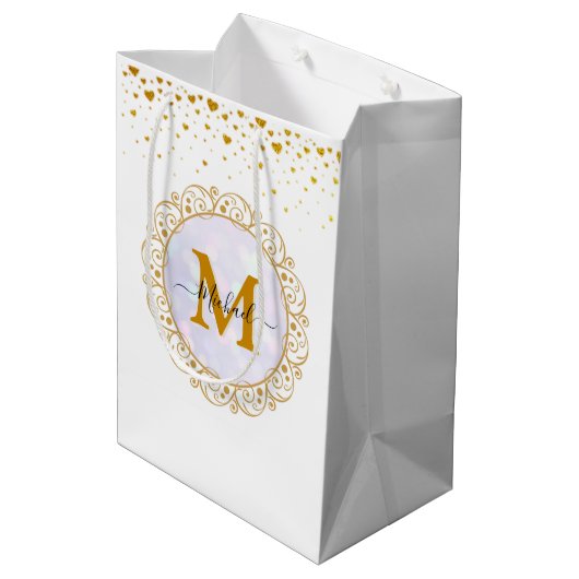 Elegant Gold Glitter Initial & Name Medium Cadeauzakje (Achterkant Gekanteld)