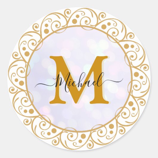 Elegant Gold Glitter Initial & Name Ronde Sticker (Voorkant)