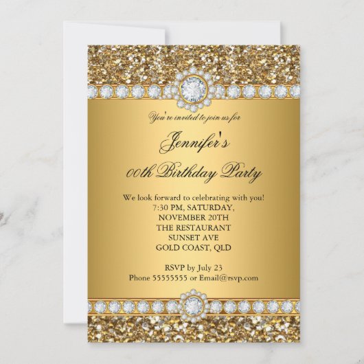 Elegant Gold Glitter Kijk Diamond Trim Birthday Kaart (Voorkant)