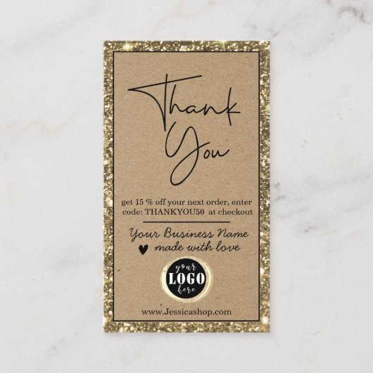 Elegant Gold Glitter Kraft Paper Hartelijk dank Visitekaartje (Voorkant)