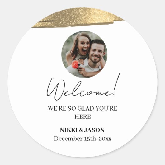 Elegant Gold Glitter Line Custom Welkom Foto toevo Ronde Sticker (Voorkant)