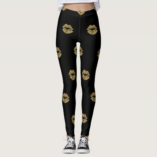 Elegant Gold Glitter Lips Patroon Leggings (Voorkant)