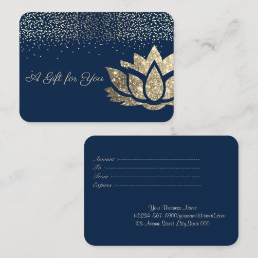 Elegant Gold Glitter Lotus, Confetti, marineblauw Kortingskaartje (Voorkant / Achterkant)