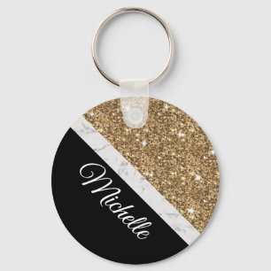 Elegant Gold Glitter Marble Custom Name Black Chic Sleutelhanger