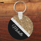 Elegant Gold Glitter Marble Custom Name Black Chic Sleutelhanger (Voorkant)