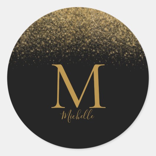 Elegant Gold Glitter Monogram Naam Ronde Sticker (Voorkant)