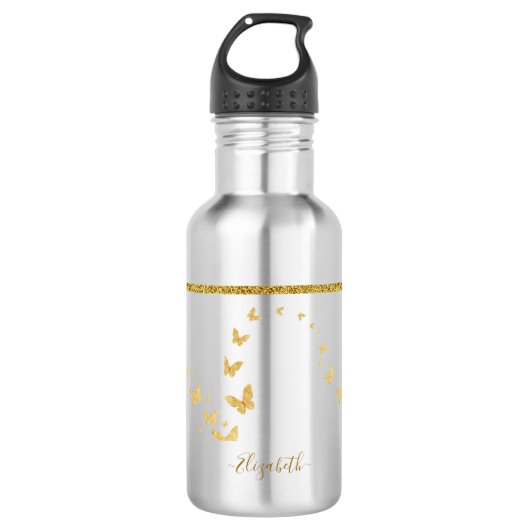 Elegant Gold Glitter Monogram Naam Waterfles (Voorkant)