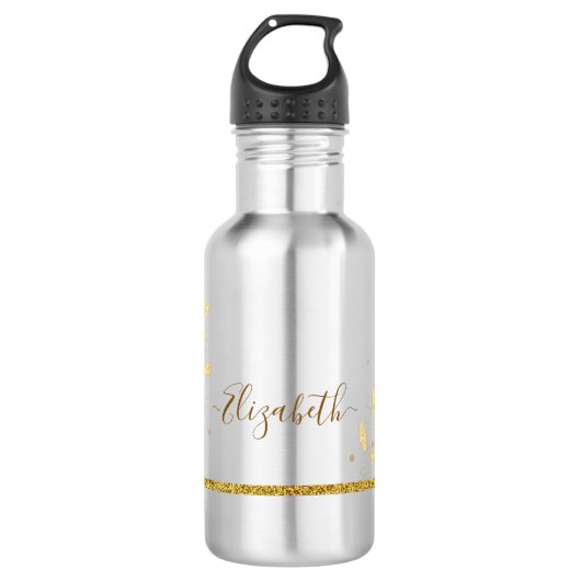 Elegant Gold Glitter Monogram Naam Waterfles (Voorkant)