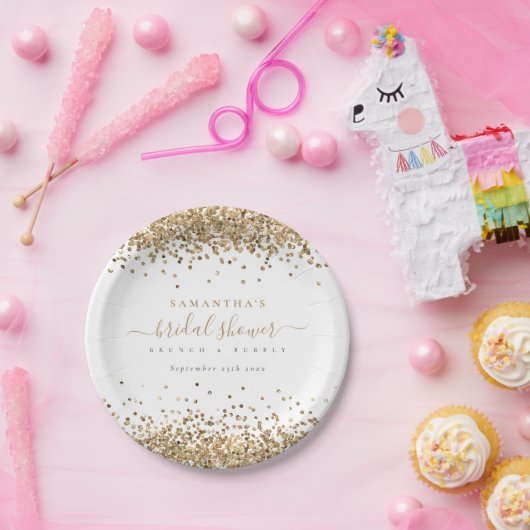 Elegant Gold Glitter Name Date Vrijgezellenfeest Papieren Bordje (Feest)