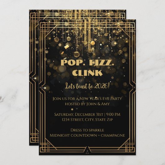 Elegant Gold Glitter New Year’s Eve Invitation Kaart (Voorkant / Achterkant)