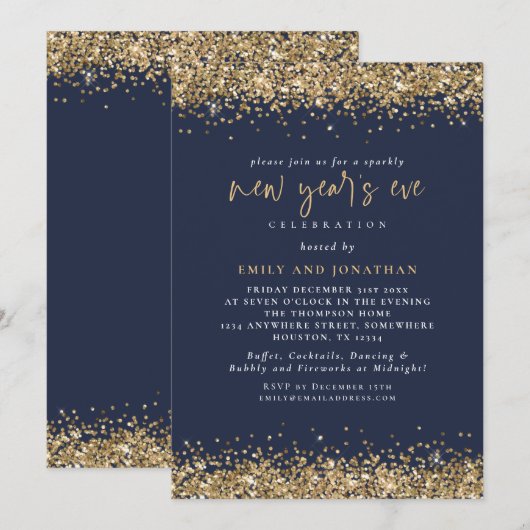 Elegant Gold Glitter New Years ve Navy Blue Kaart (Voorkant / Achterkant)