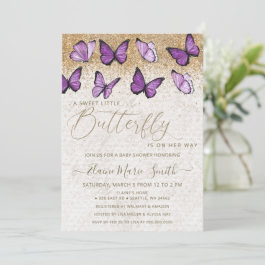 Elegant Gold Glitter Paars Butterfly Baby shower Kaart (Staand voorkant)