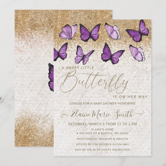 Elegant Gold Glitter Paars Butterfly Baby shower Kaart (Voorkant / Achterkant)
