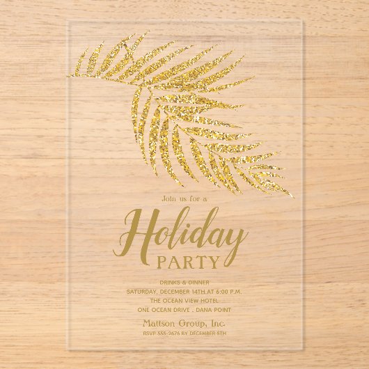 Elegant Gold Glitter Palm Holiday Christmas Acryl Uitnodigingen (Voorkant)