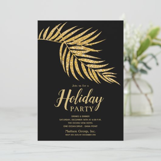 Elegant Gold Glitter Palm Holiday Kerstuitnodiging (Staand voorkant)