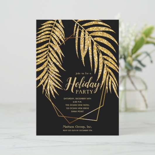Elegant Gold Glitter Palm Holiday Kerstuitnodiging (Staand voorkant)