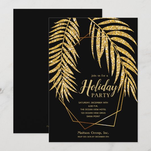 Elegant Gold Glitter Palm Holiday Kerstuitnodiging (Voorkant / Achterkant)