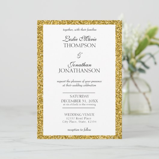 Elegant Gold Glitter Party Wedding Invitation Aankondiging (Staand voorkant)