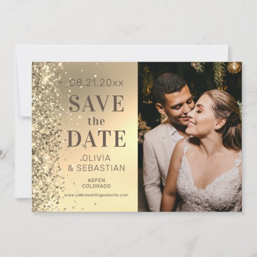 Elegant Gold Glitter Photo Weddenschap Save the Da Save The Date (Voorkant)