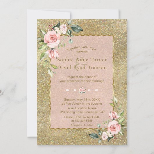 Elegant Gold Glitter Pink Blush Floral Weddenschap Kaart (Voorkant)
