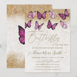 Elegant Gold Glitter Pink Butterfly Baby shower Kaart