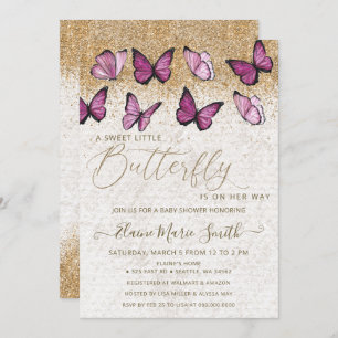 Elegant Gold Glitter Pink Butterfly Baby shower Kaart