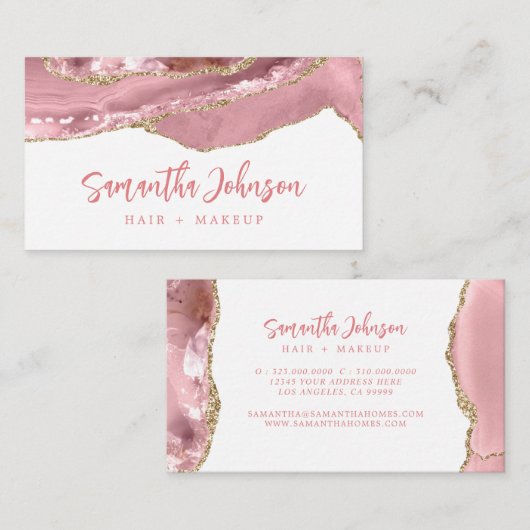 Elegant Gold Glitter Pink Marble Agate Waterverf Visitekaartje (Voorkant / Achterkant)
