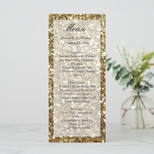 Elegant Gold Glitter Printing Wedding Menu (Staand voorkant)