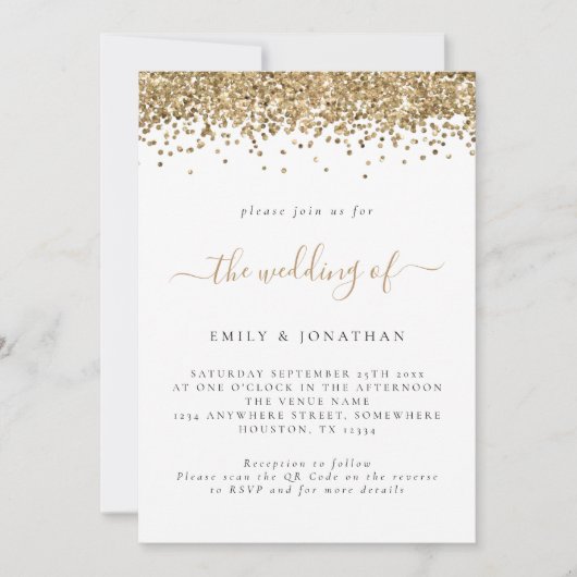 Elegant Gold Glitter QR Code Weddenschap Kaart (Voorkant)