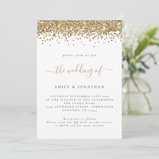 Elegant Gold Glitter QR Code Weddenschap Kaart (Staand voorkant)