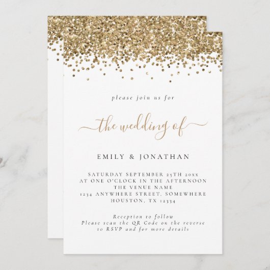 Elegant Gold Glitter QR Code Weddenschap Kaart (Voorkant / Achterkant)
