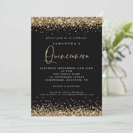 Elegant Gold Glitter Quinceañera 15th Party Black Kaart (Staand voorkant)
