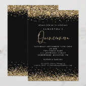 Elegant Gold Glitter Quinceañera 15th Party Black Kaart (Voorkant / Achterkant)