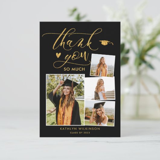 Elegant Gold Glitter Script Black Afstuderen Bedankkaart (Staand voorkant)