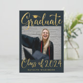 Elegant Gold Glitter Script Chic Blue Photo AFSTUD Aankondiging (Staand voorkant)