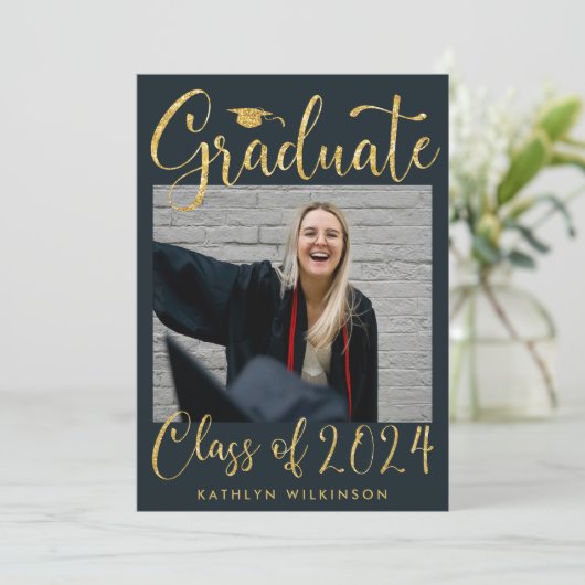 Elegant Gold Glitter Script Chic Blue Photo AFSTUD Aankondiging (Staand voorkant)