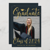 Elegant Gold Glitter Script Chic Blue Photo AFSTUD Aankondiging (Voorkant / Achterkant)