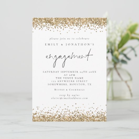 Elegant Gold Glitter Script Engagement Party Kaart (Staand voorkant)