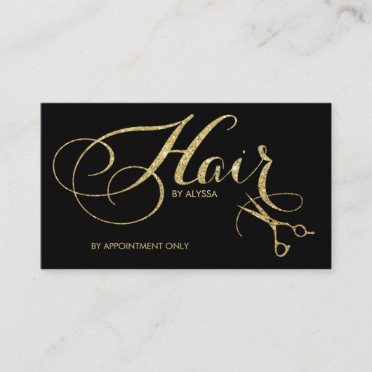 Elegant Gold Glitter Script Hair Stylist Afsprakenkaartje (Voorkant)